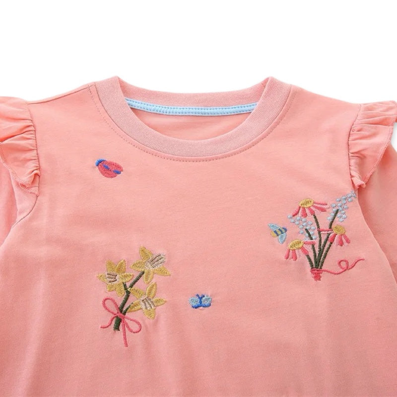 Sweet Peach Floral Long Sleeve Cotton Girls Dress with Ruffle Shoulders  girls clothing YAG Boutique