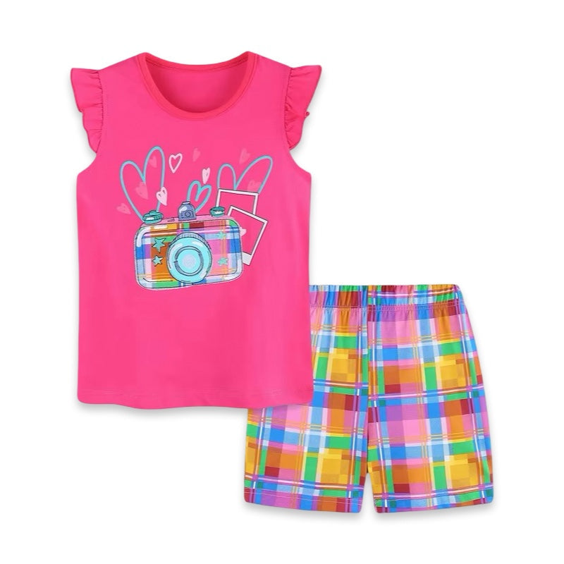 Girls Hot Pink Ruffle Camera T-Shirt & Colorful Plaid Shorts 2-Piece Outfit Set  girls clothing YAG Boutique