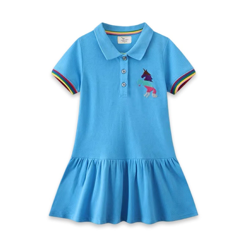 Girls Rainbow Trim Unicorn Embroidered Cotton Polo Dress  girls clothing YAG Boutique