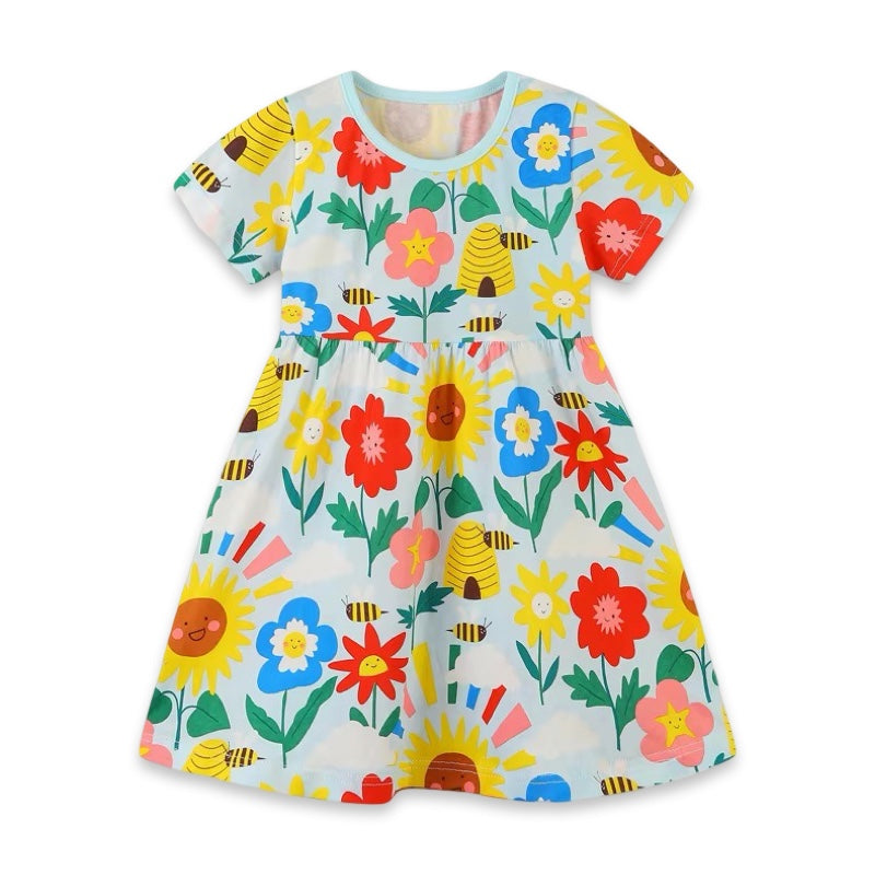 Girls Sunflower & Honeybee Floral Print Summer Cotton Day Dress  girls clothing YAG Boutique
