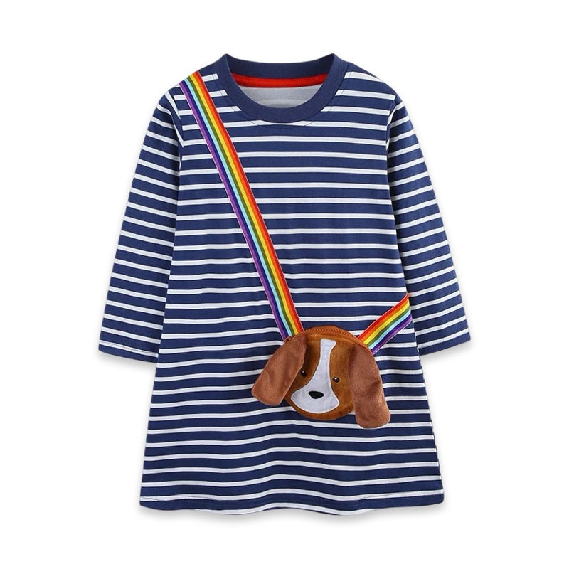 Little Explorer Rainbow Stripe Long Sleeve Dress with 3D Plush Puppy Crossbody Bag  girls clothing YAG Boutique