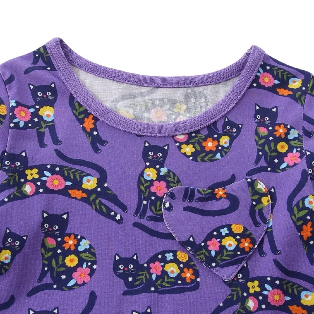 Girls Purple Floral Cat Long Sleeve Pocket Dress  girls clothing YAG Boutique