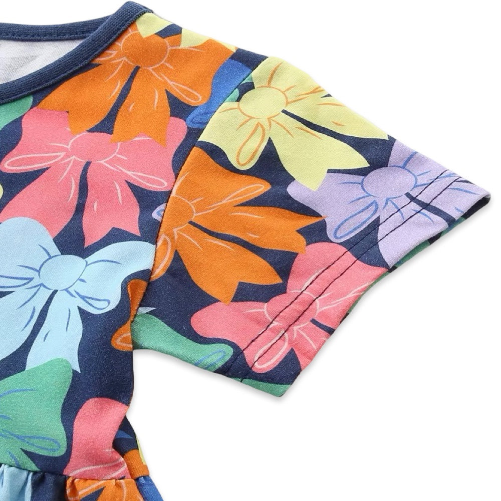 Girls Colorful Bow Print Cotton Short Sleeve A-Line Everyday Dress  girls clothing YAG Boutique