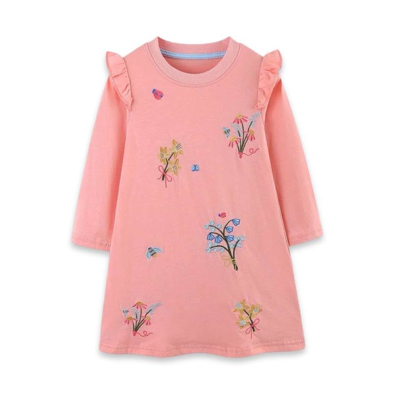 Sweet Peach Floral Long Sleeve Cotton Girls Dress with Ruffle Shoulders  girls clothing YAG Boutique
