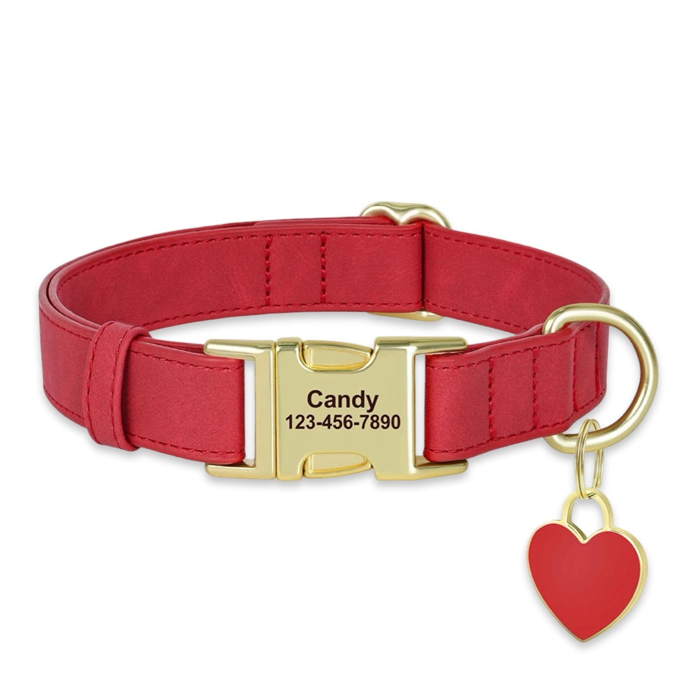 Personalised Leather Dog Collar with Engraved Gold Buckle & Matching Heart Tag  pet accessories YAG Boutique