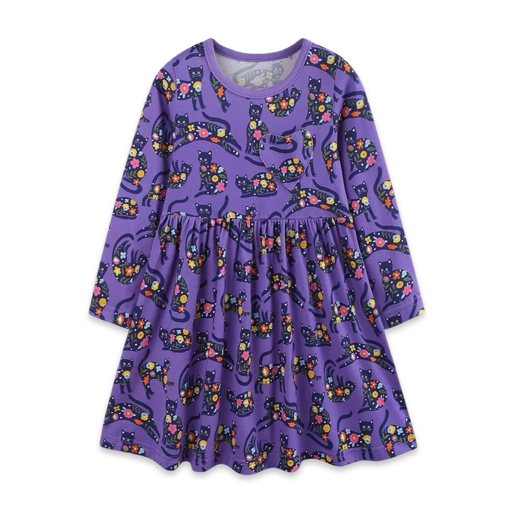Girls Purple Floral Cat Long Sleeve Pocket Dress  girls clothing YAG Boutique