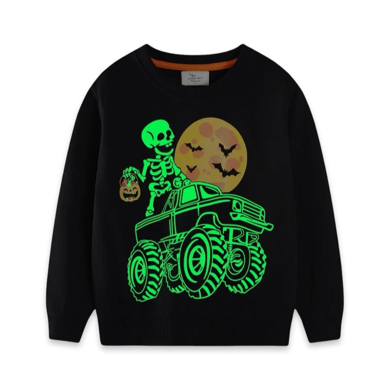 Kids Halloween Jumper: Glow-in-the-Dark Skeleton & Monster Truck Pullover  kids clothing YAG Boutique