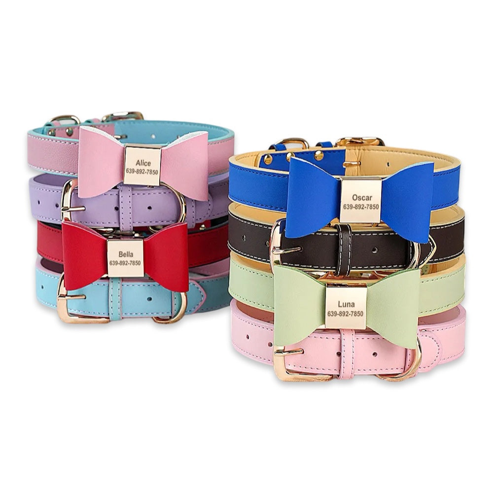 Luxury Personalized PU Leather Dog Collar with Custom Engraved Bow Tie  pet accessories YAG Boutique