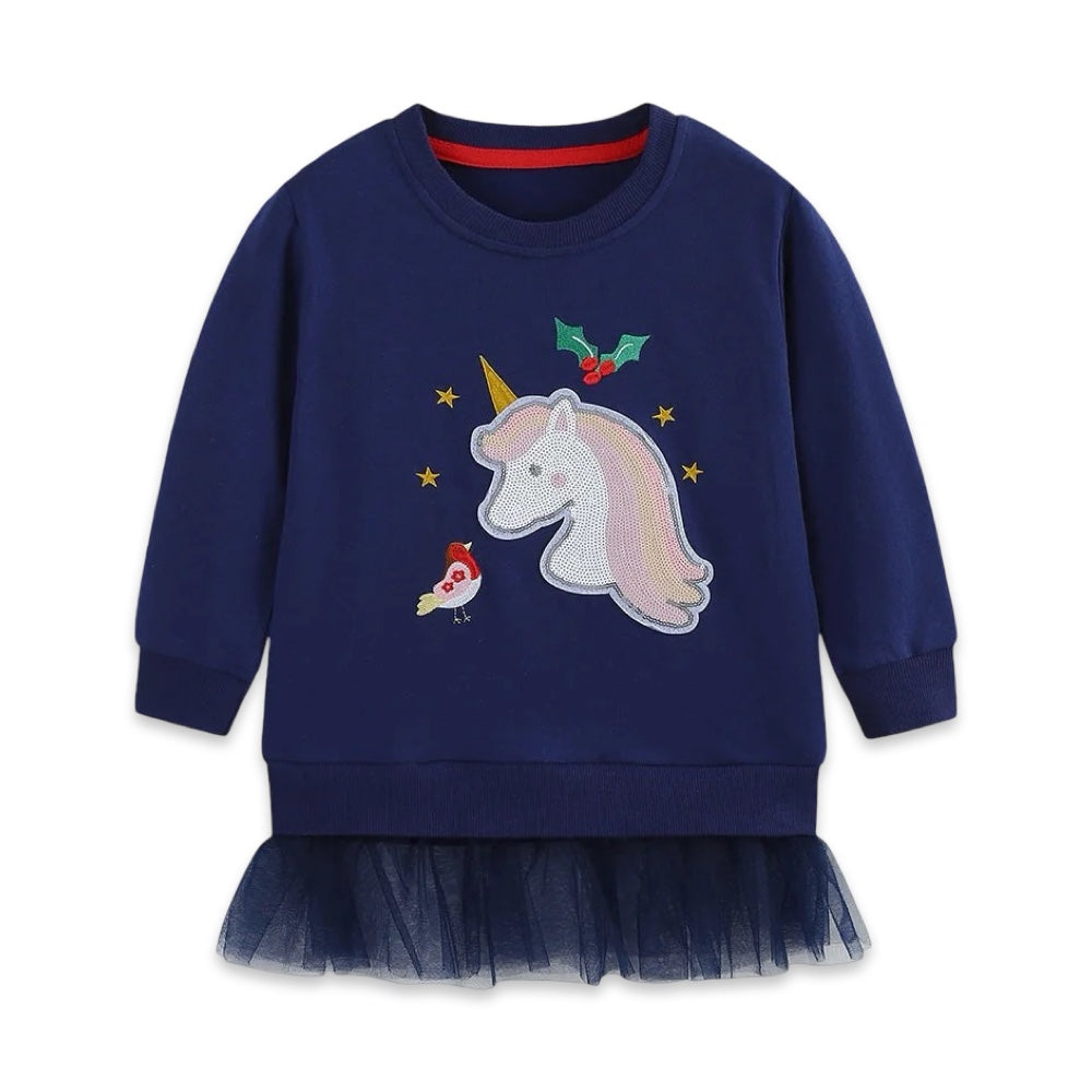 Girls Navy Blue Unicorn Sequined Sweatshirt Tulle Dress  girls clothing YAG Boutique