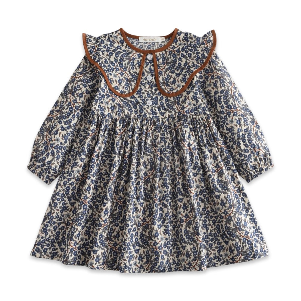 Vintage Floral Long Sleeve Toddler Dress with Peter Pan Ruffle Collar