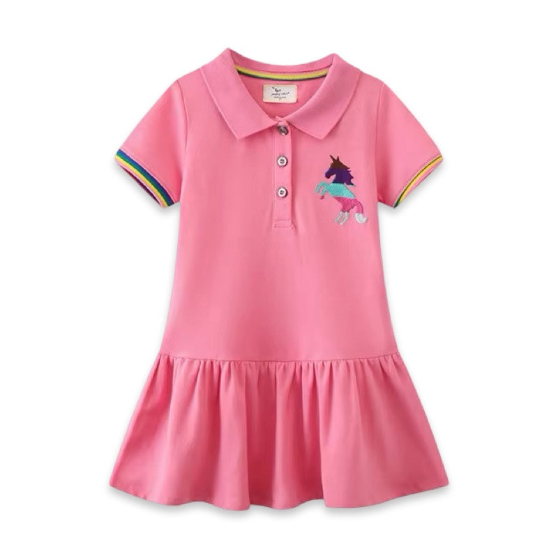 Girls Rainbow Trim Unicorn Embroidered Cotton Polo Dress  girls clothing YAG Boutique