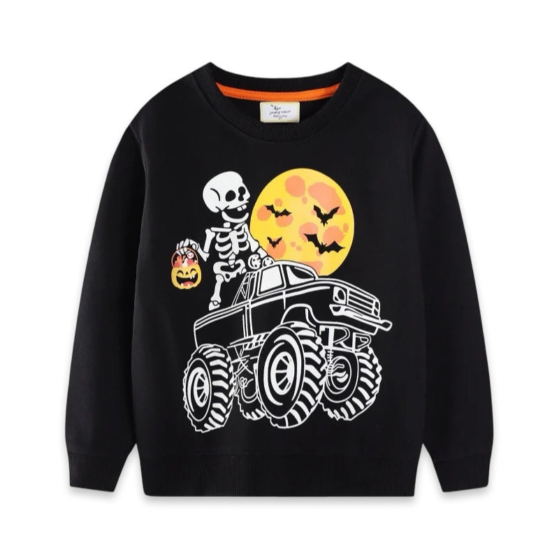 Kids Halloween Jumper: Glow-in-the-Dark Skeleton & Monster Truck Pullover  kids clothing YAG Boutique