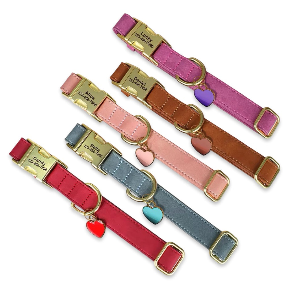 Personalised Leather Dog Collar with Engraved Gold Buckle & Matching Heart Tag  pet accessories YAG Boutique
