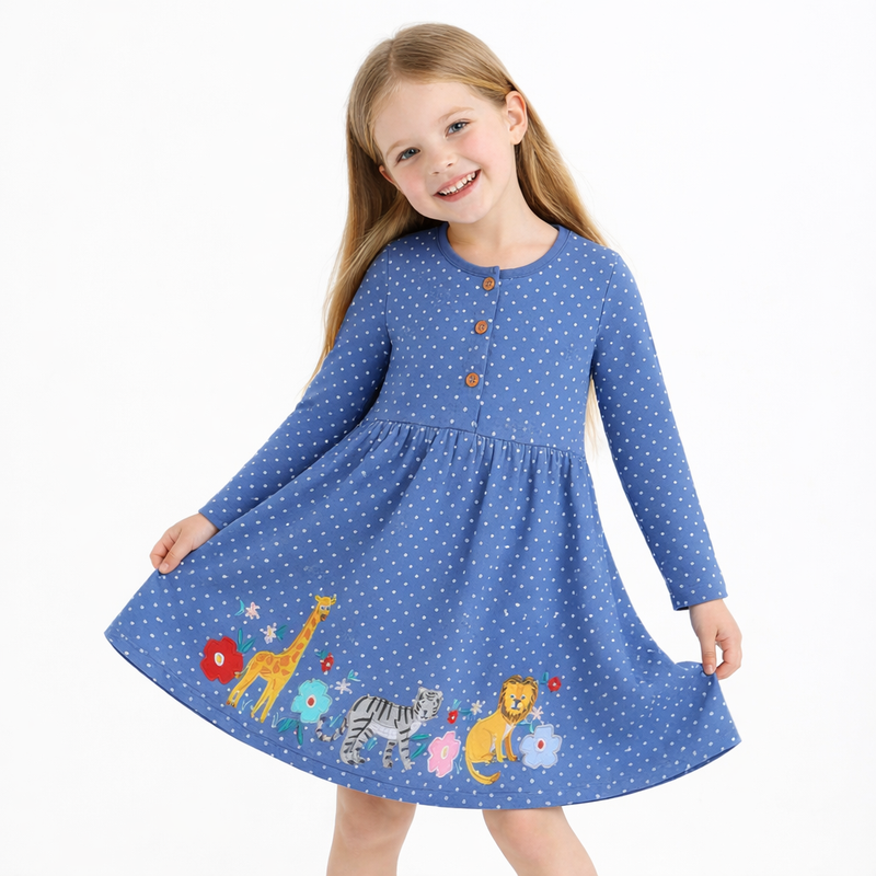 Safari Friends Polka Dot Long Sleeve Girls Dress  girls clothing YAG Boutique