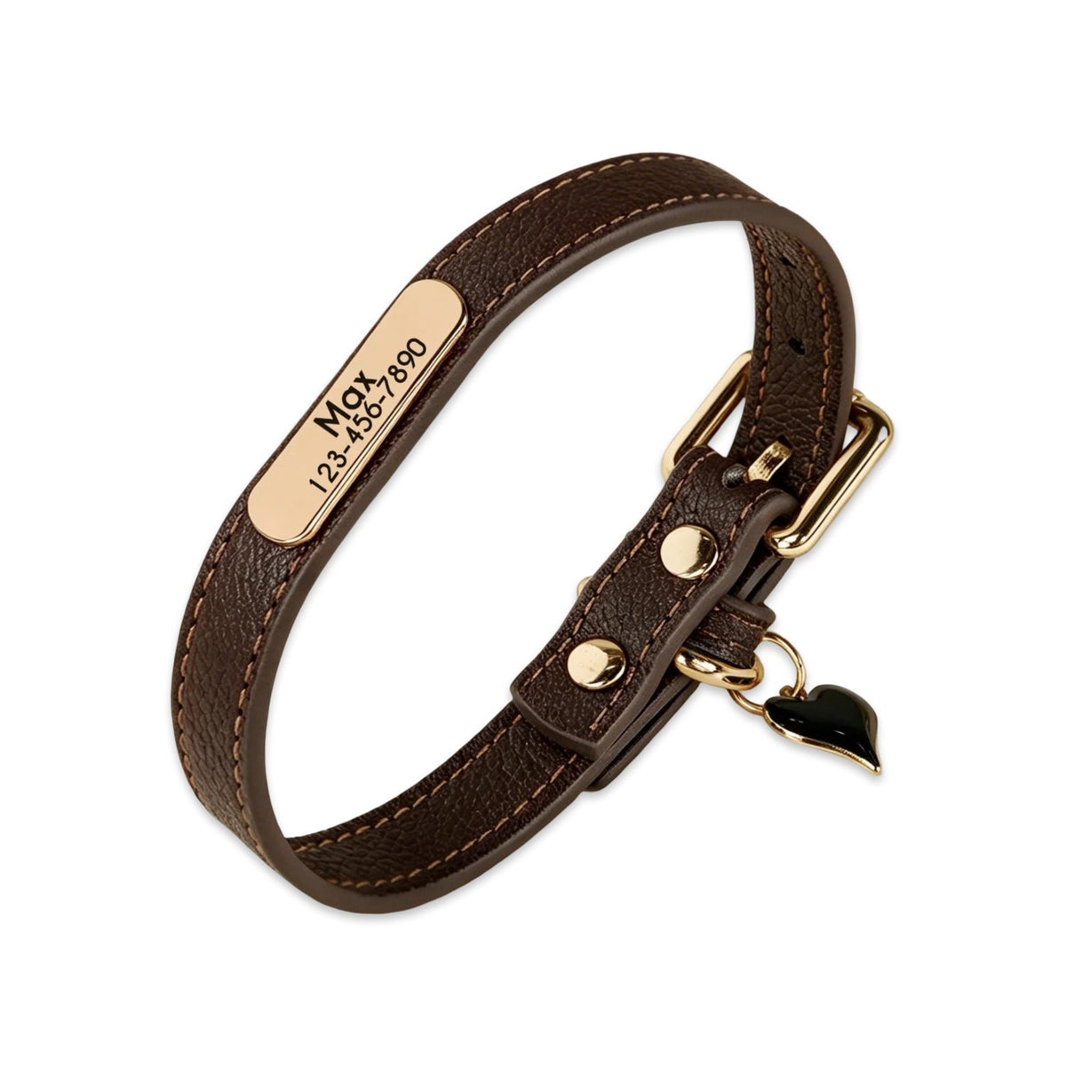 Personalised Leather Dog Collar with Engraved Gold ID Name Tag Plate & Charm  pet accessories YAG Boutique
