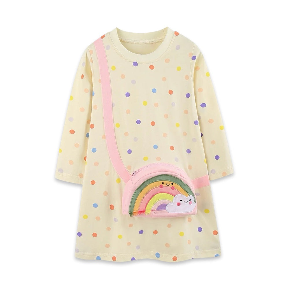 Pastel Polka Dot Girls Long Sleeve Shirt Dress with Rainbow Crossbody Bag Appliqué  girls clothing YAG Boutique