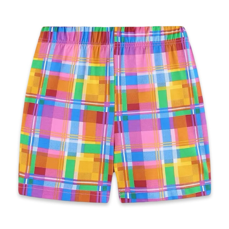 Girls Hot Pink Ruffle Camera T-Shirt & Colorful Plaid Shorts 2-Piece Outfit Set  girls clothing YAG Boutique