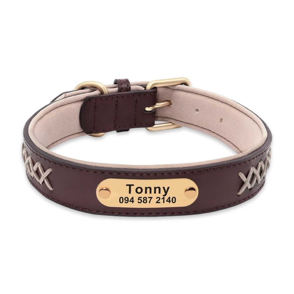 Premium Personalized PU Leather Dog Collar with Engraved Brass ID Plate  pet accessories YAG Boutique