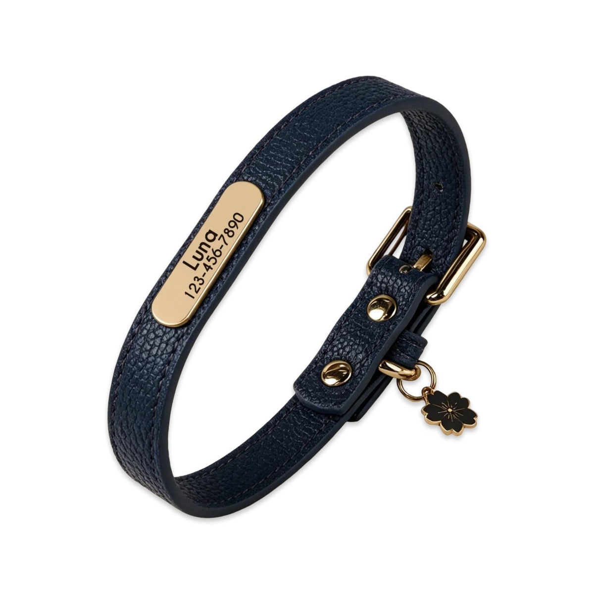 Personalised Leather Dog Collar with Engraved Gold ID Name Tag Plate & Charm  pet accessories YAG Boutique