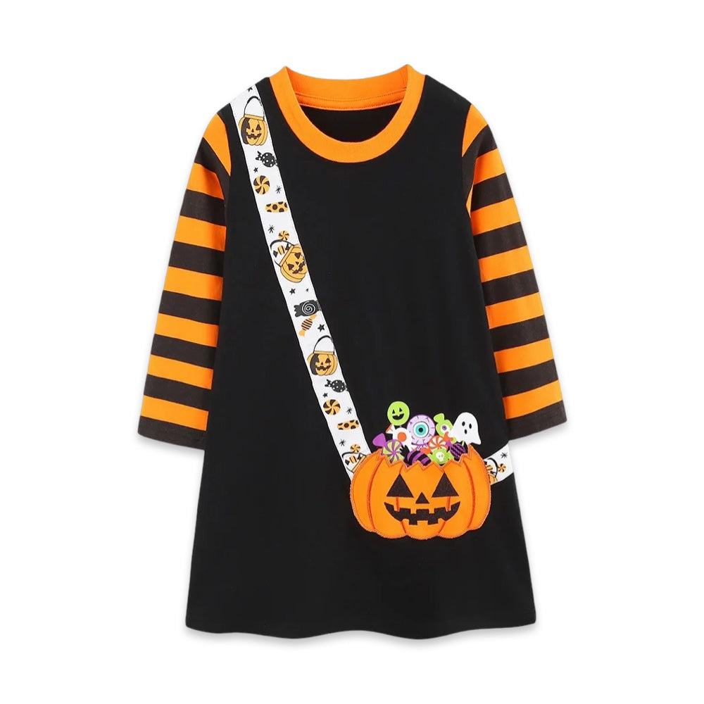 Girls Halloween Pumpkin Trick-or-Treat Long Sleeve Bag Print A-Line Dress  girls clothing YAG Boutique