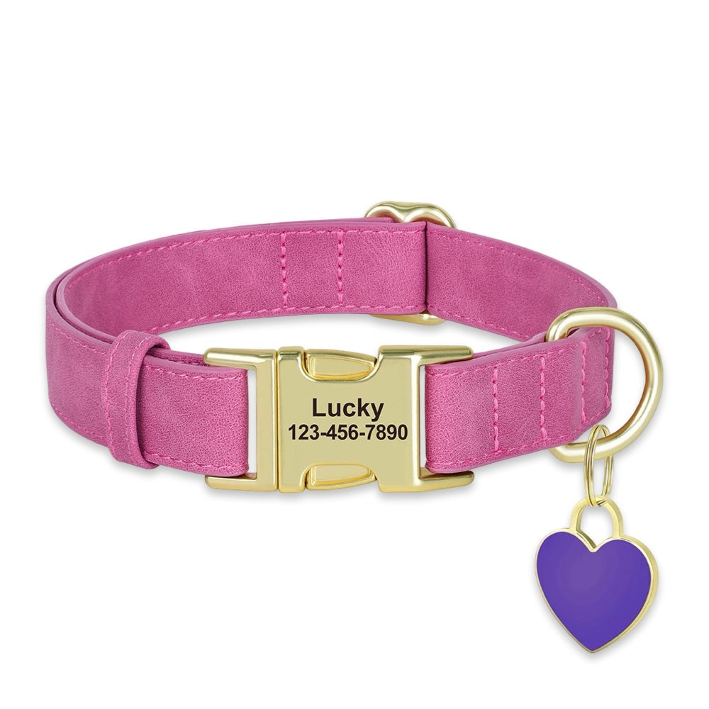 Personalised Leather Dog Collar with Engraved Gold Buckle & Matching Heart Tag  pet accessories YAG Boutique