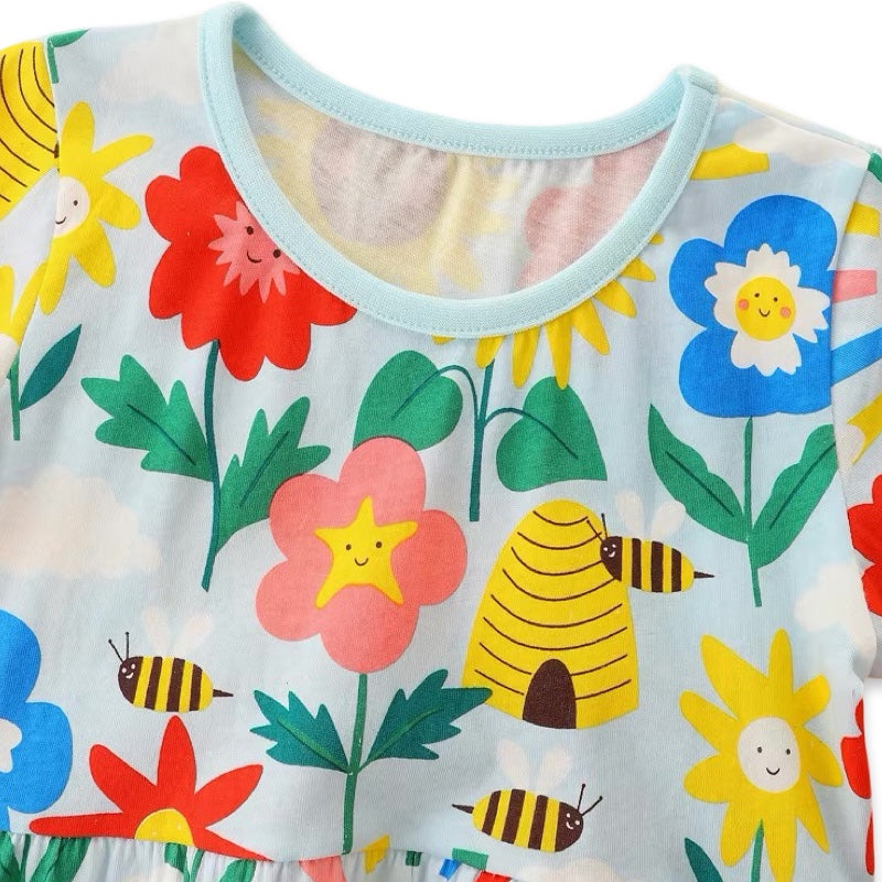 Girls Sunflower & Honeybee Floral Print Summer Cotton Day Dress  girls clothing YAG Boutique