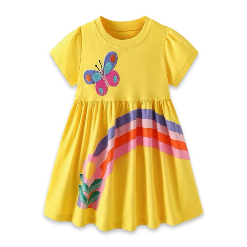 Yellow Butterfly & Rainbow Girls Short Sleeve Cotton Play Dress  girls clothing YAG Boutique
