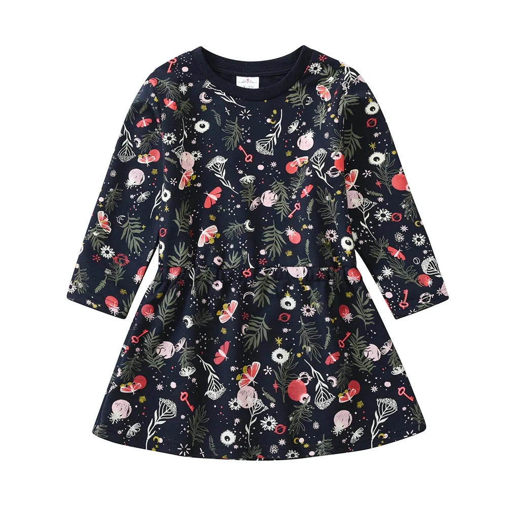 Girls Navy Floral Long Sleeve Dress – Spring Summer Everyday Wear  girls clothing YAG Boutique