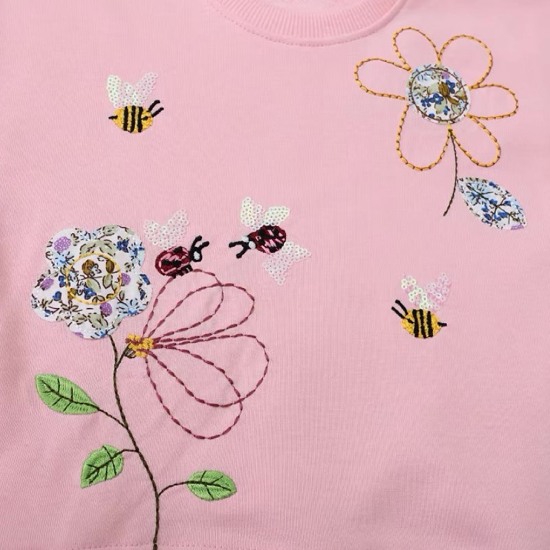 Floral Patchwork & Bee Embroidered Pink Sweatshirt