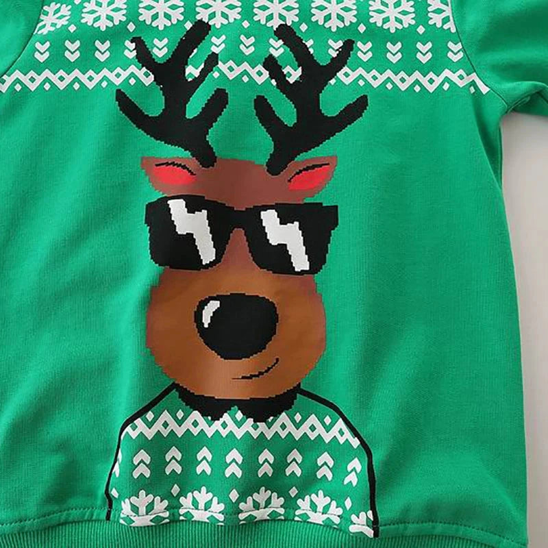 Christmas Reindeer Sweatshirt – Green Holiday Jumper with Cool Sunglasses Print  kids clothing YAG Boutique
