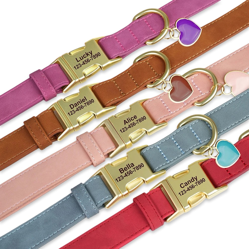 Personalised Leather Dog Collar with Engraved Gold Buckle & Matching Heart Tag  pet accessories YAG Boutique