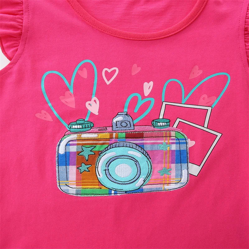 Girls Hot Pink Ruffle Camera T-Shirt & Colorful Plaid Shorts 2-Piece Outfit Set  girls clothing YAG Boutique