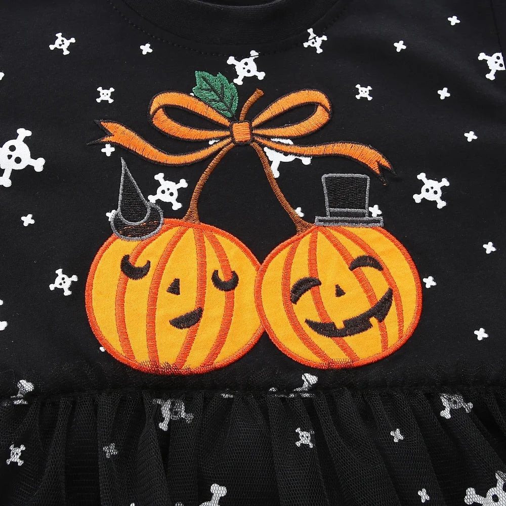 Girls Halloween Pumpkin Skulls Long-Sleeve Tulle Skirt Dress  girls clothing YAG Boutique