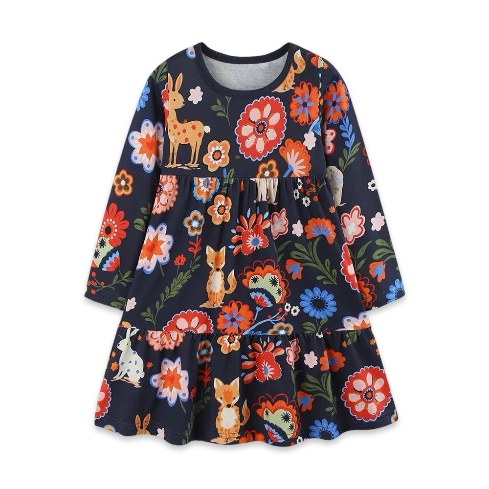 Girls Woodland Floral Long Sleeve Tiered Twirl Dress  girls clothing YAG Boutique