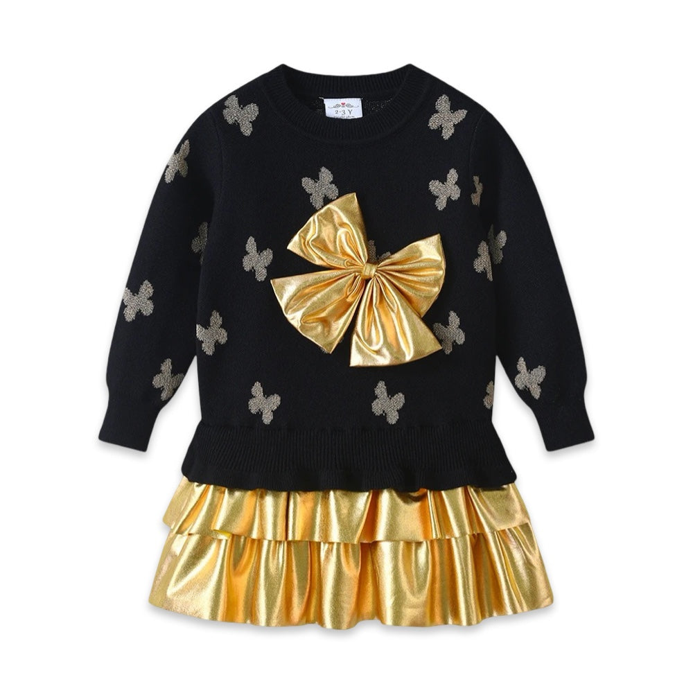 Girls Black Knit Sweater Dress with Metallic Gold Bow & Ruffles  girls clothing YAG Boutique