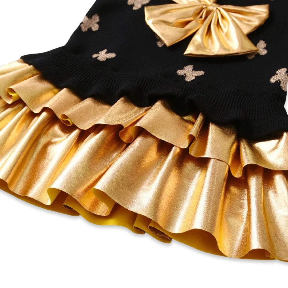 Girls Black Knit Sweater Dress with Metallic Gold Bow & Ruffles  girls clothing YAG Boutique