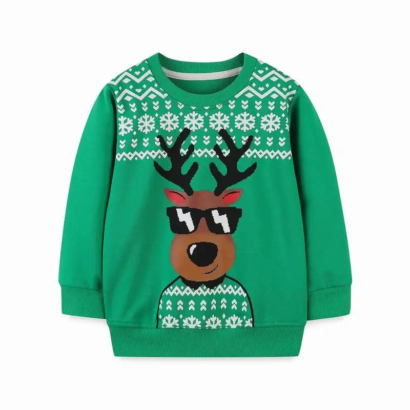Christmas Reindeer Sweatshirt – Green Holiday Jumper with Cool Sunglasses Print  kids clothing YAG Boutique