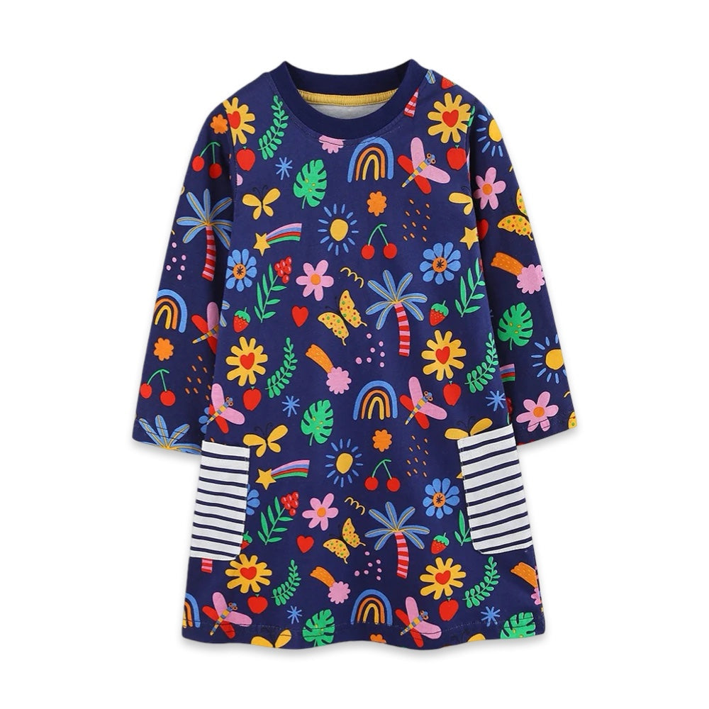 Girls Floral & Botanical Long Sleeve T-Shirt Dress with Striped Pockets  girls clothing YAG Boutique