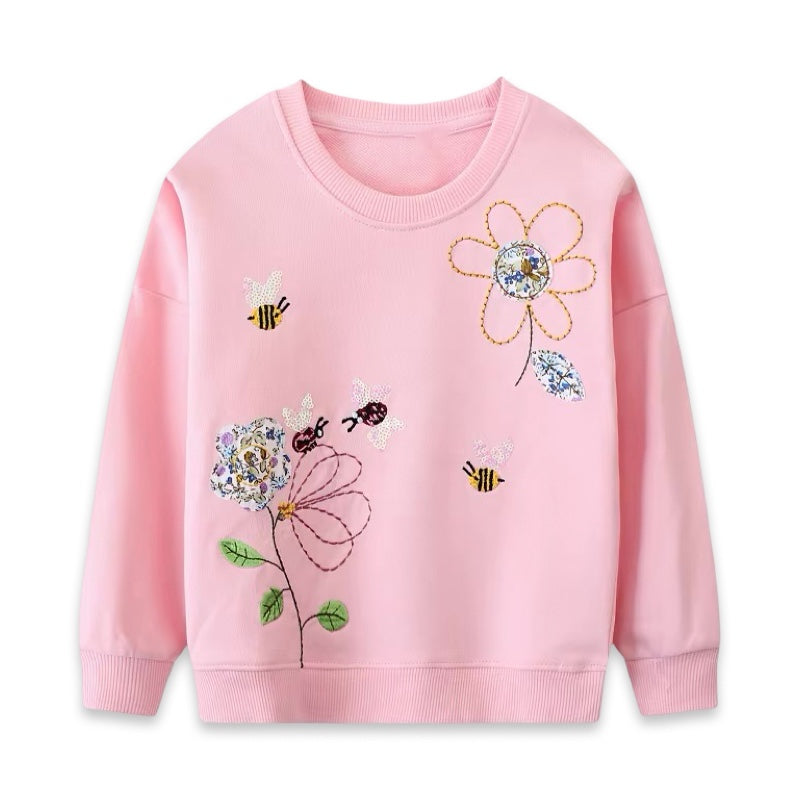 Floral Patchwork & Bee Embroidered Pink Sweatshirt