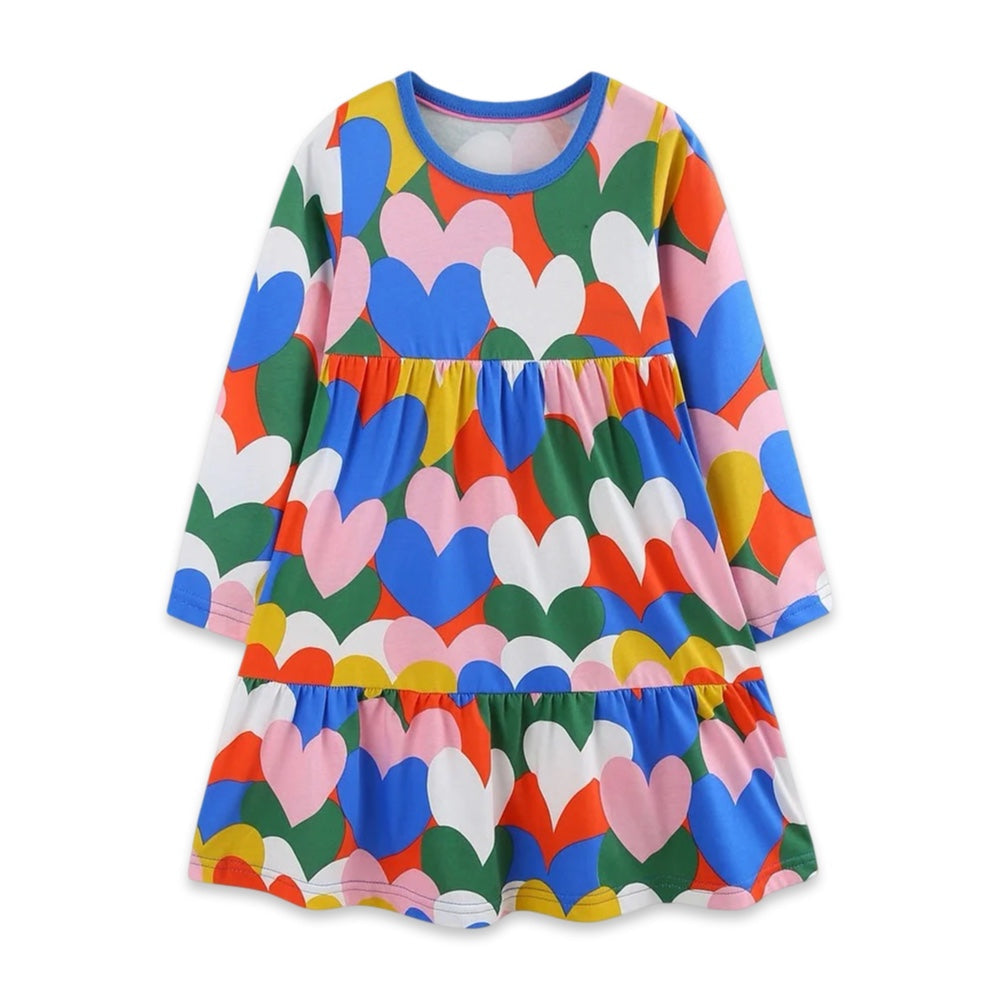 Vibrant Multi-Heart Print Long Sleeve Tiered Dress for Girls & Toddlers  girls clothing YAG Boutique
