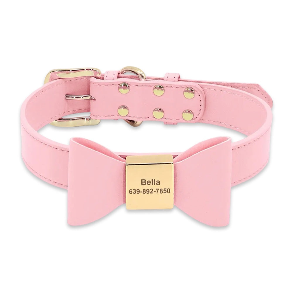 Luxury Personalized PU Leather Dog Collar with Custom Engraved Bow Tie  pet accessories YAG Boutique