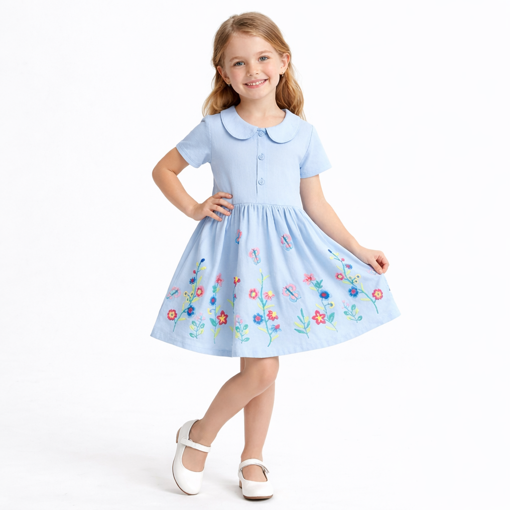 Sky Blue Embroidered Floral Collar Dress for Girls  girls clothing YAG Boutique