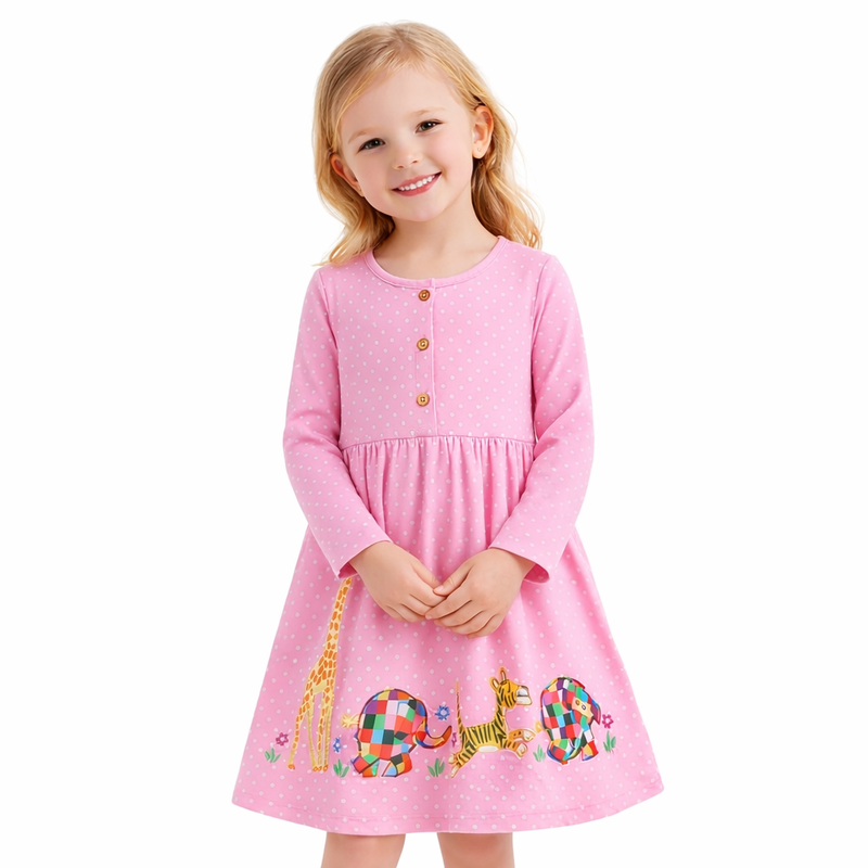 Embroidered Safari Friends Pink Polka Dot Long Sleeve Girls' Dress  girls clothing YAG Boutique