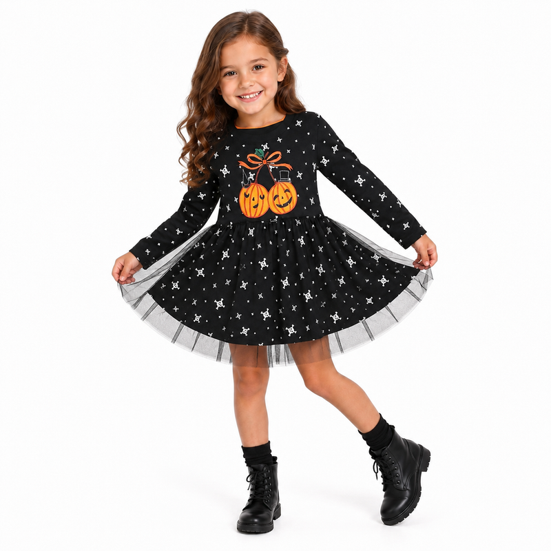 Girls Halloween Pumpkin Skulls Long-Sleeve Tulle Skirt Dress  girls clothing YAG Boutique