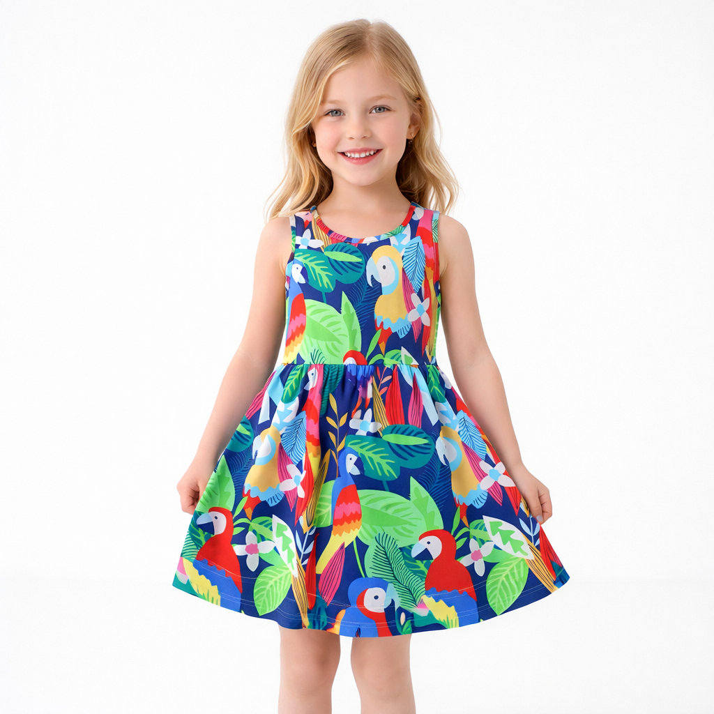 Young girl wearing a colorful dress with parrot pattern on a white background