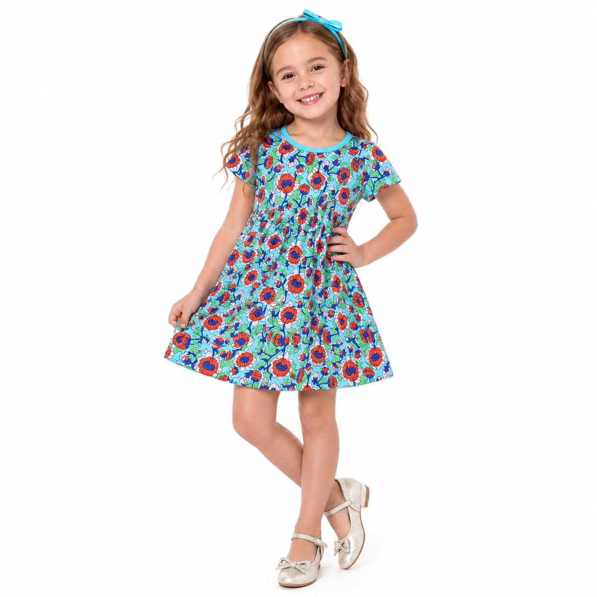 Vibrant Blue Floral Kids Summer Dress