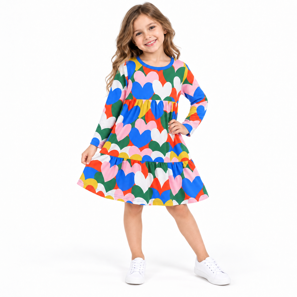 Vibrant Multi-Heart Print Long Sleeve Tiered Dress for Girls & Toddlers  girls clothing YAG Boutique