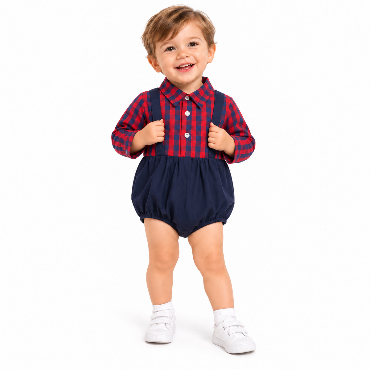 Vintage Plaid Long-Sleeve Baby Romper & Suspenders Onesie  kids clothing YAG Boutique