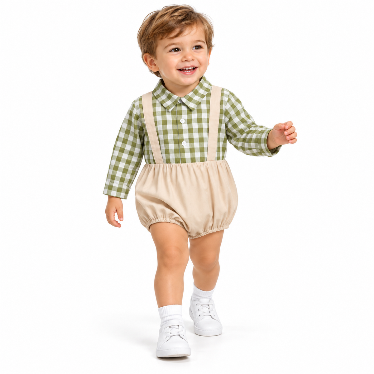 Vintage Plaid Long-Sleeve Baby Romper & Suspenders Onesie  kids clothing YAG Boutique