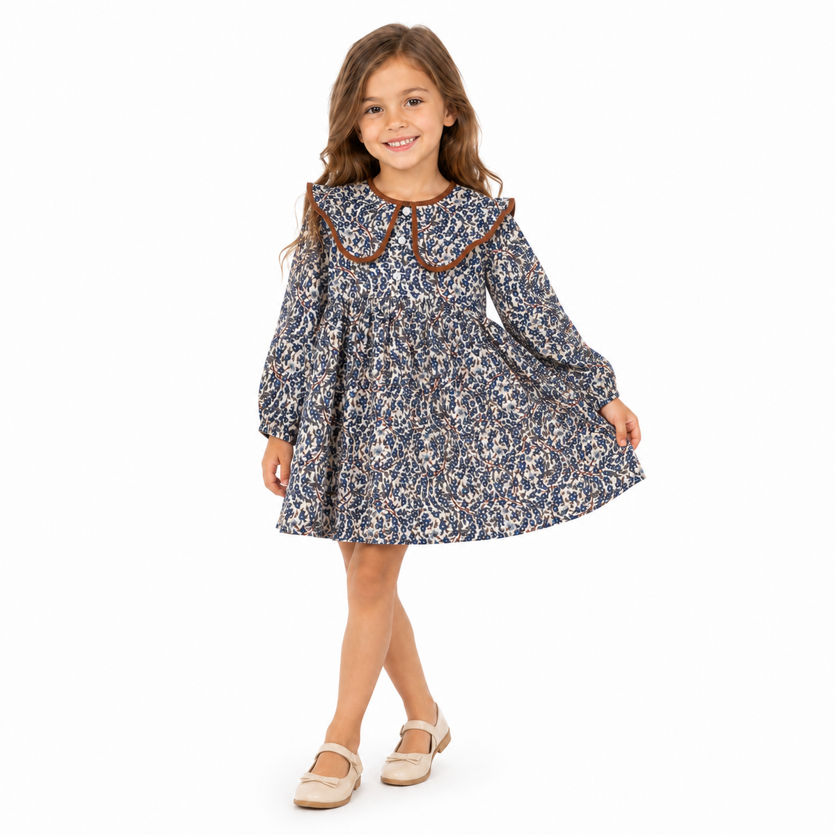 Vintage Floral Long Sleeve Toddler Dress with Peter Pan Ruffle Collar